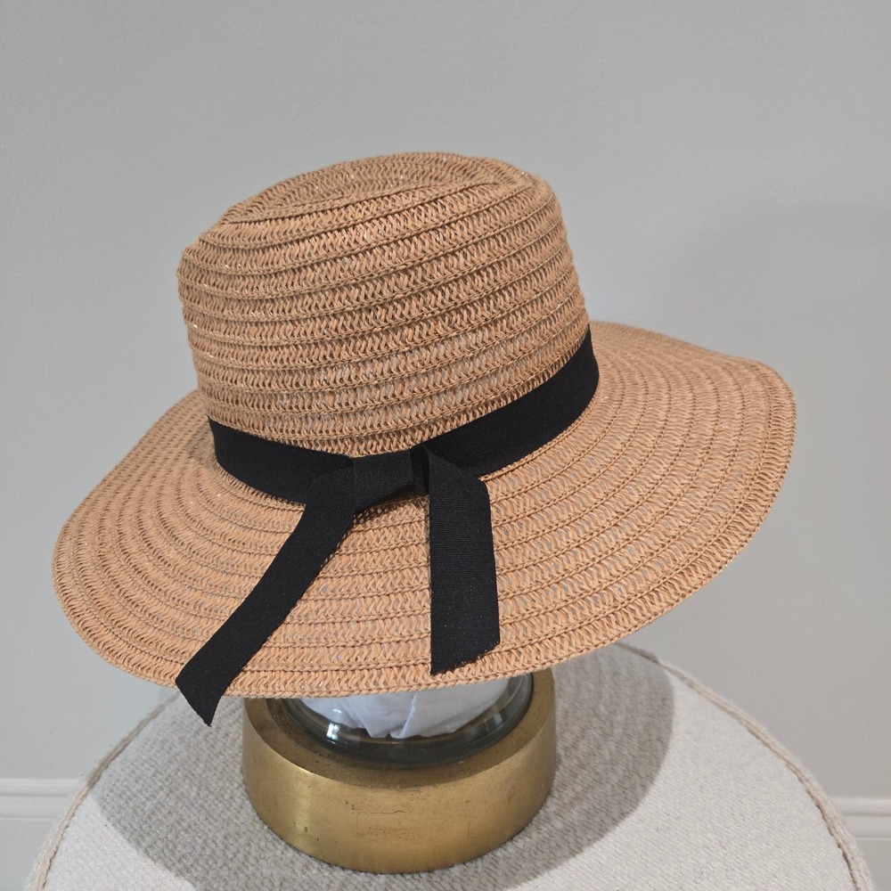 Torrid Straw Sun Hat M/L Tan Black Ribbon Bow Wide Brim